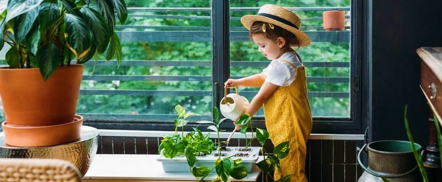 A child watering plants